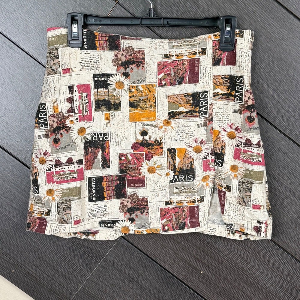 Urban Outfitters Women's Linen Blend Mini Skirt M Paris Postcard Floral Y2K
